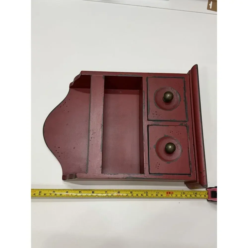 Vintage Red Wall Hanging Wooden Double Drawer Mini Cabinet Shelf Farmhouse Decor